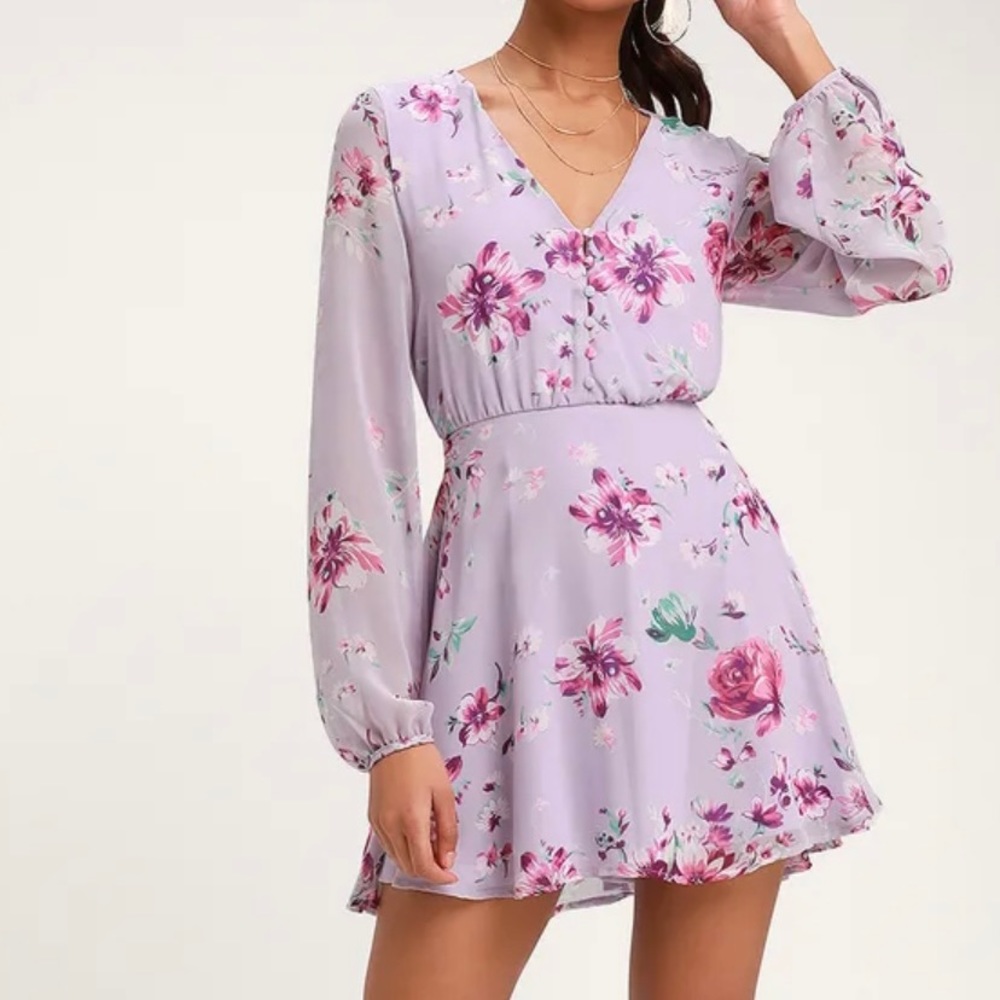 Lavender Floral Print Long Sleeve Skater Dress